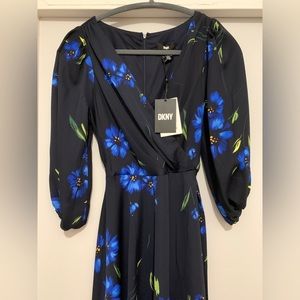 DKNY Blue and Black Floral Flowing Midi Dress